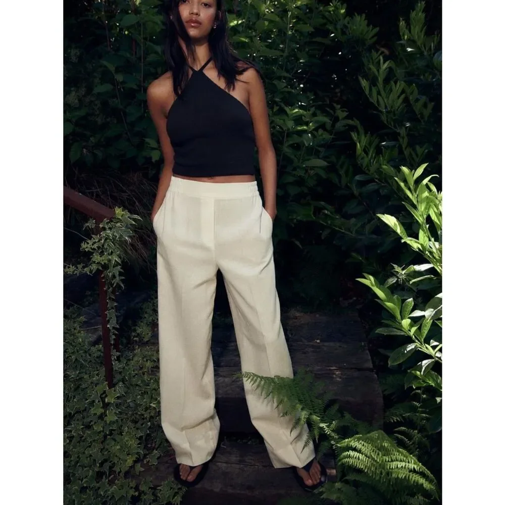 ZARA LINEN BLEND WIDE LEG PANTS ECRU
